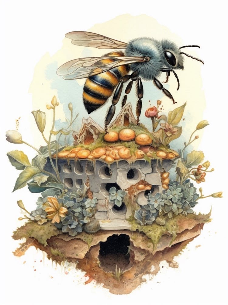 Ashy Mining Bee Beehive Watercolour Illustration 1