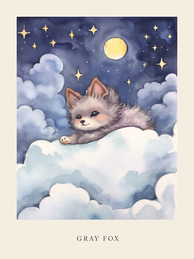 Baby Gray Fox Sleeping In The Clouds Nursery Poster