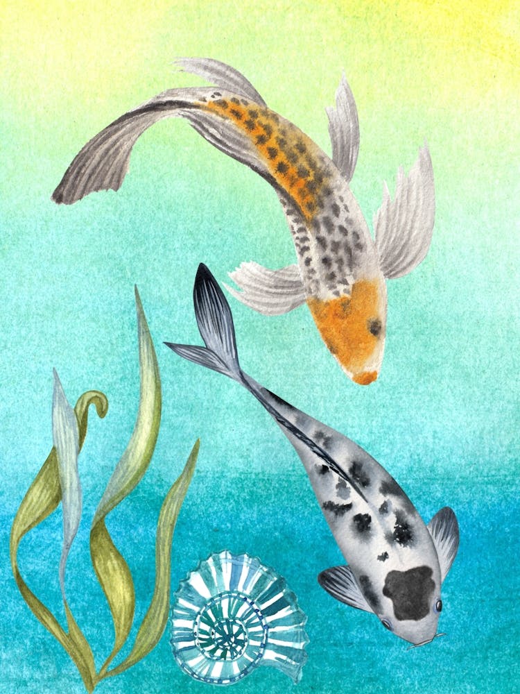 koi fishes couple watercolor.