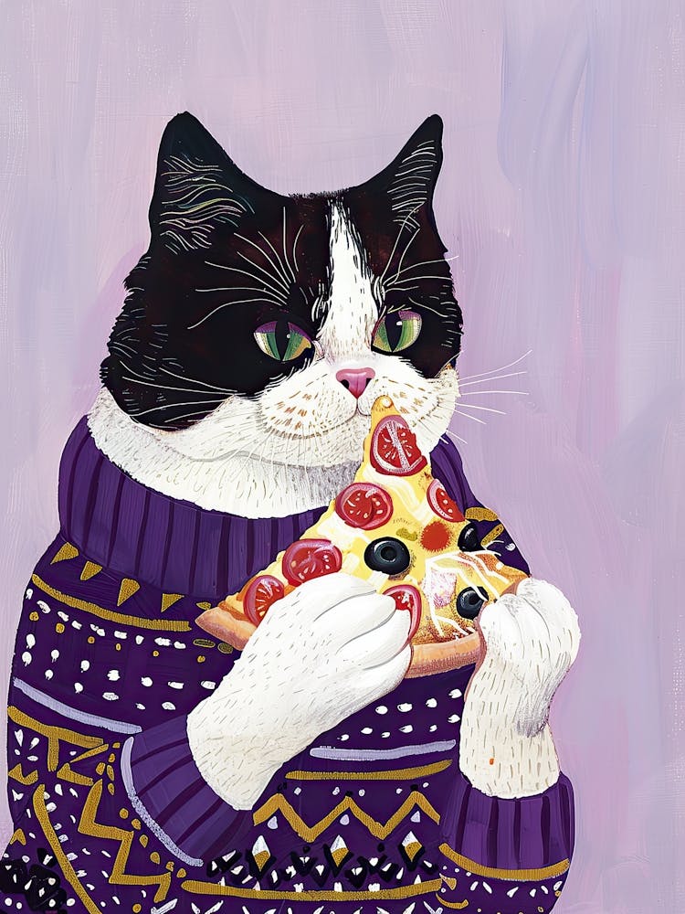 Happy Black And White Cat Pizza Lover Folk Illustration 3