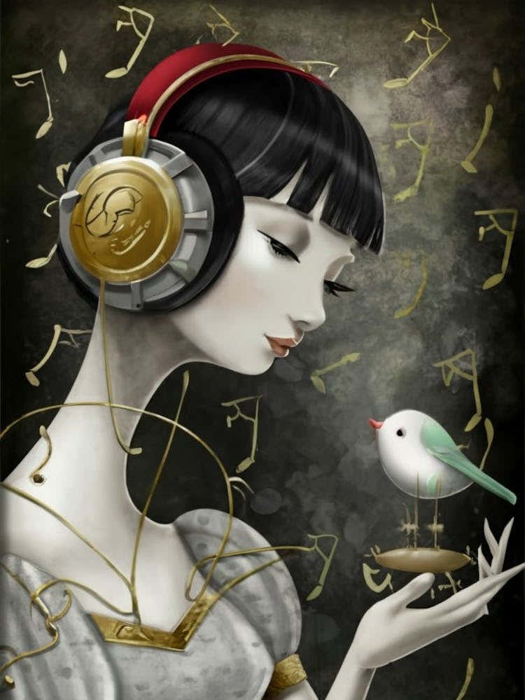 Girl With Headphones And A Bird 1