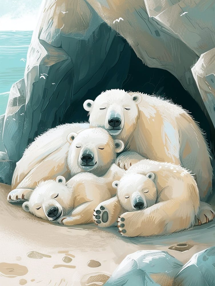 Polar Bear Family Sleeping In A Cave Storybook Illustration 4