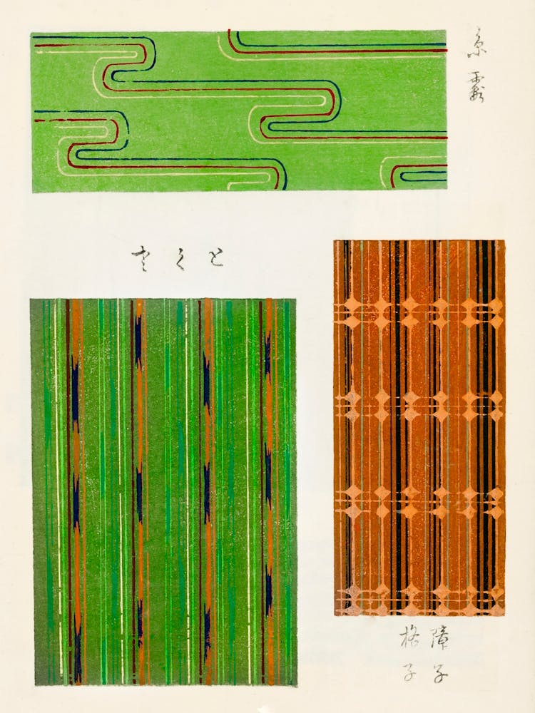 Vintage Ukiyo-e Woodblock Print Of Japanese Textile, Shima Shima, Furuya Korin (157) 1