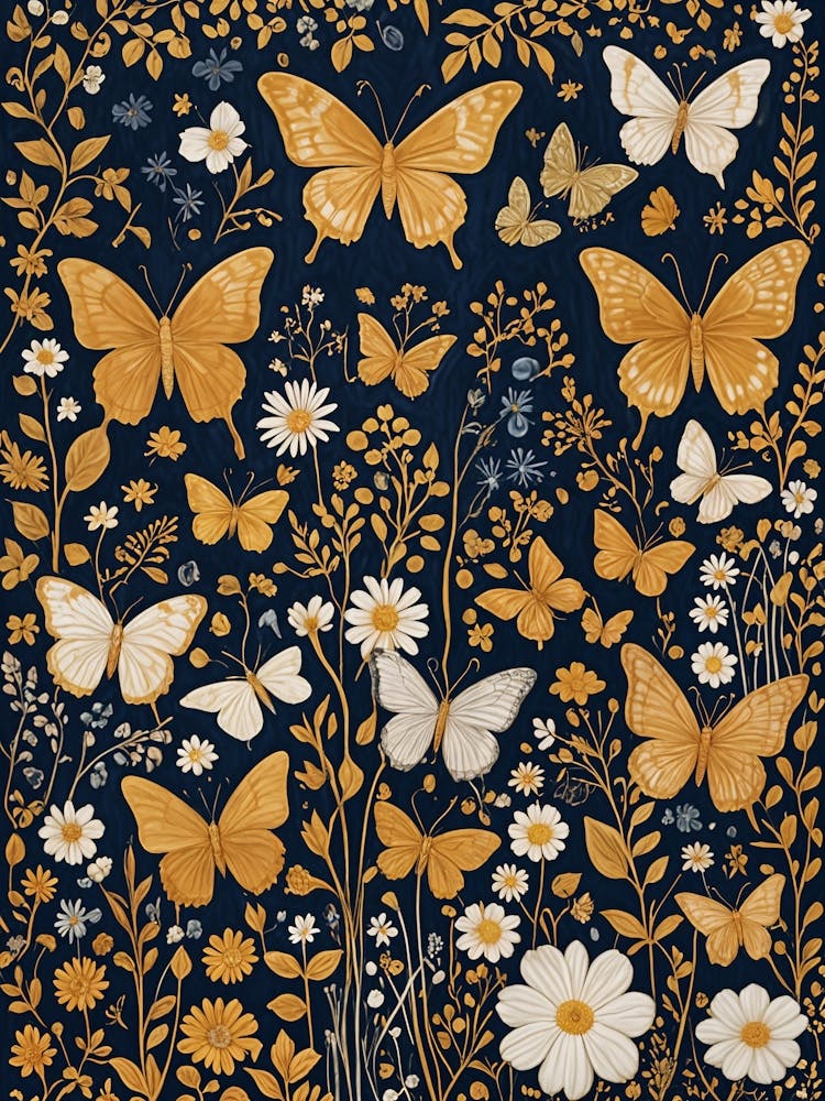 Gold and White Butterflies on Navy Background