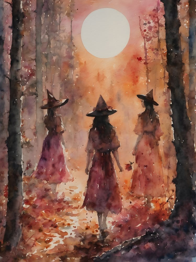 Rose Witches Meet In The Woods ~ Witches Esbat, Witch Meeting, Full Moon Spellcasting, Pagan Artwork, Fairytale Witchcraft Watercolor Painting Witchy