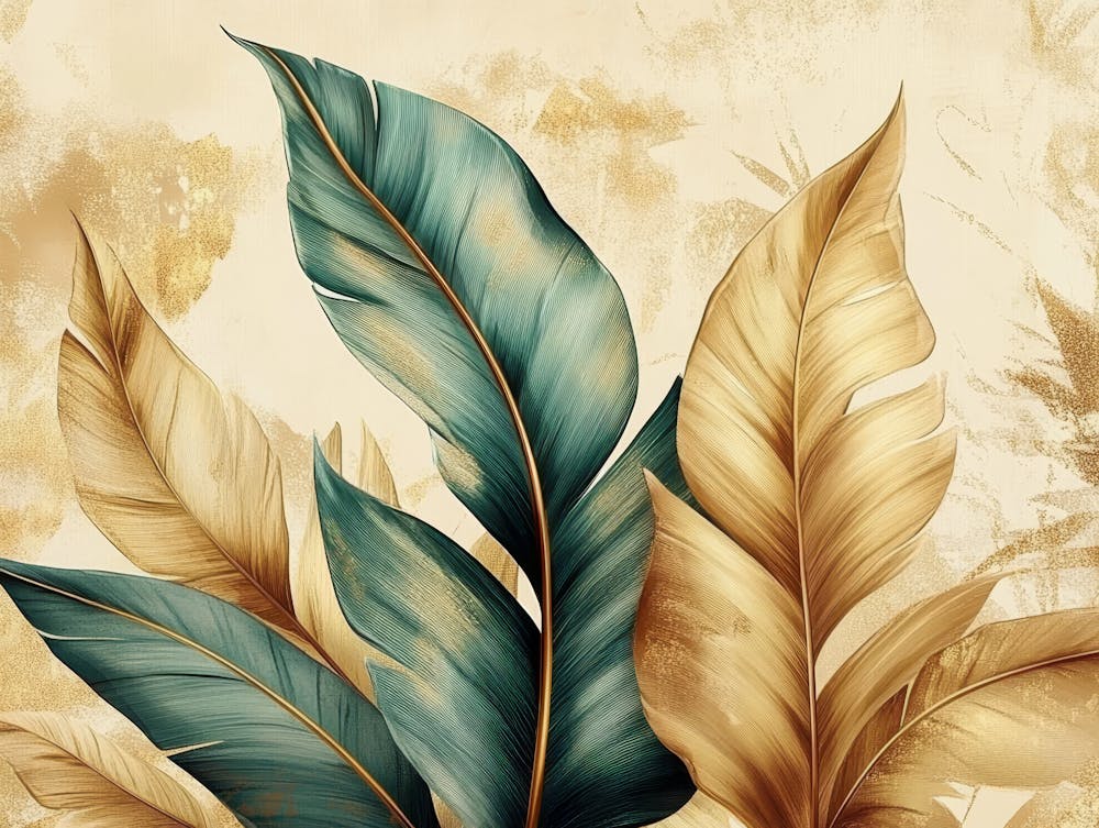 Tropical Green, Brown Gold Leaves and Blue Feathers