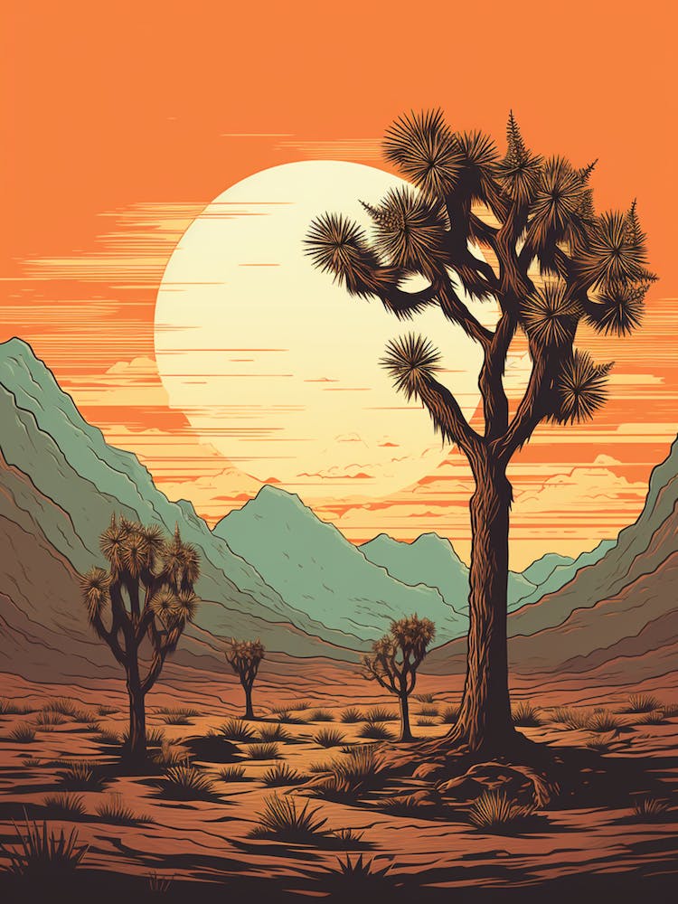 Retro Illustration Of A Joshua Trees At Dawn In Desert 1