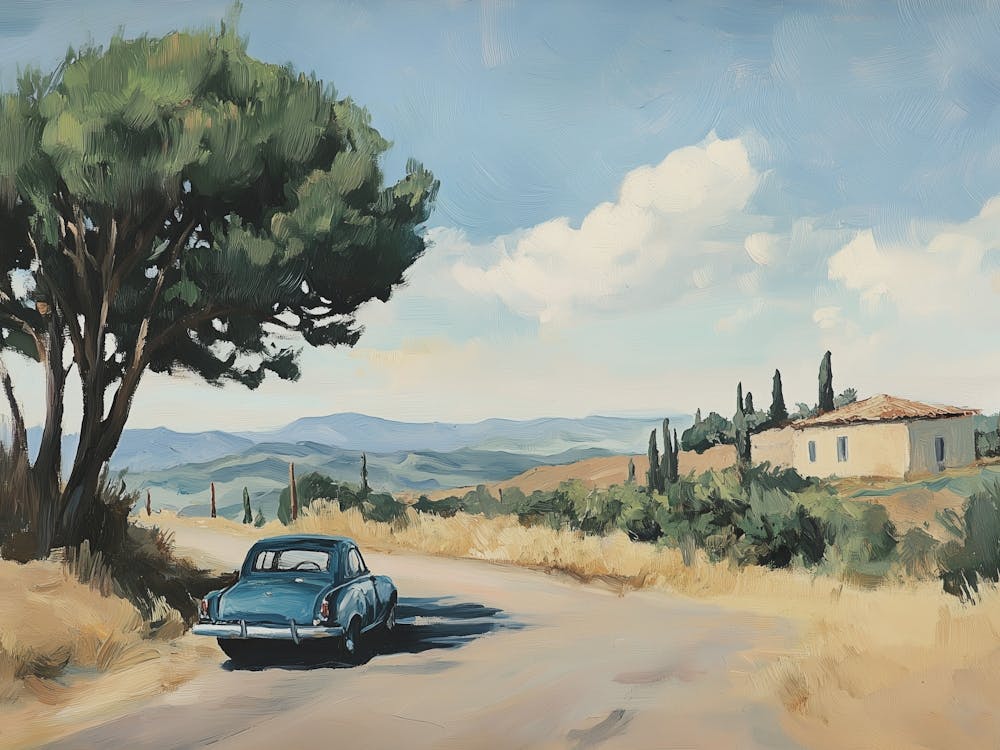 Blue Retro Car In Tuscany Landscape