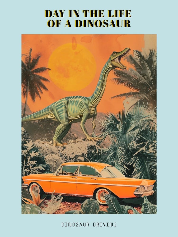 Dinosaur & A Retro Car Collage 1 Poster