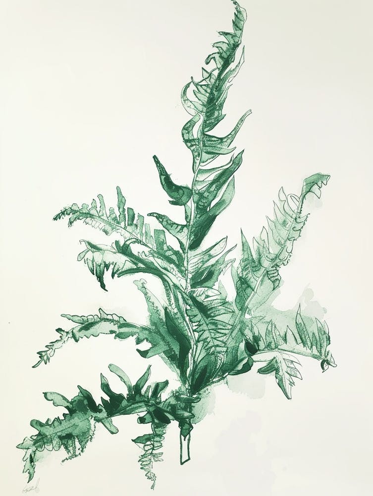 Green Ink Painting Of A Staghorn Fern 1