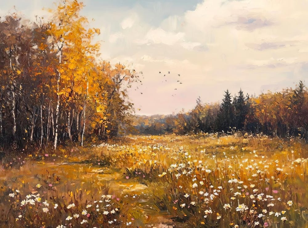 Autumn Wildflower Field Landscape Painting, Vintage Fall Country Field Print, Moody Oil Painting, Wall, Nature