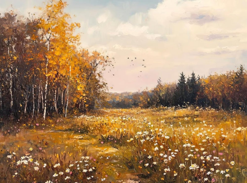 Autumn Wildflower Field Landscape Painting, Vintage Fall Country Field Print, Moody Oil Painting, Wall, Nature