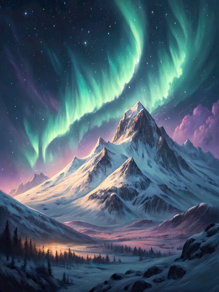 A Glowing Aurora Over a Snowy Mountain Oil Painting Style