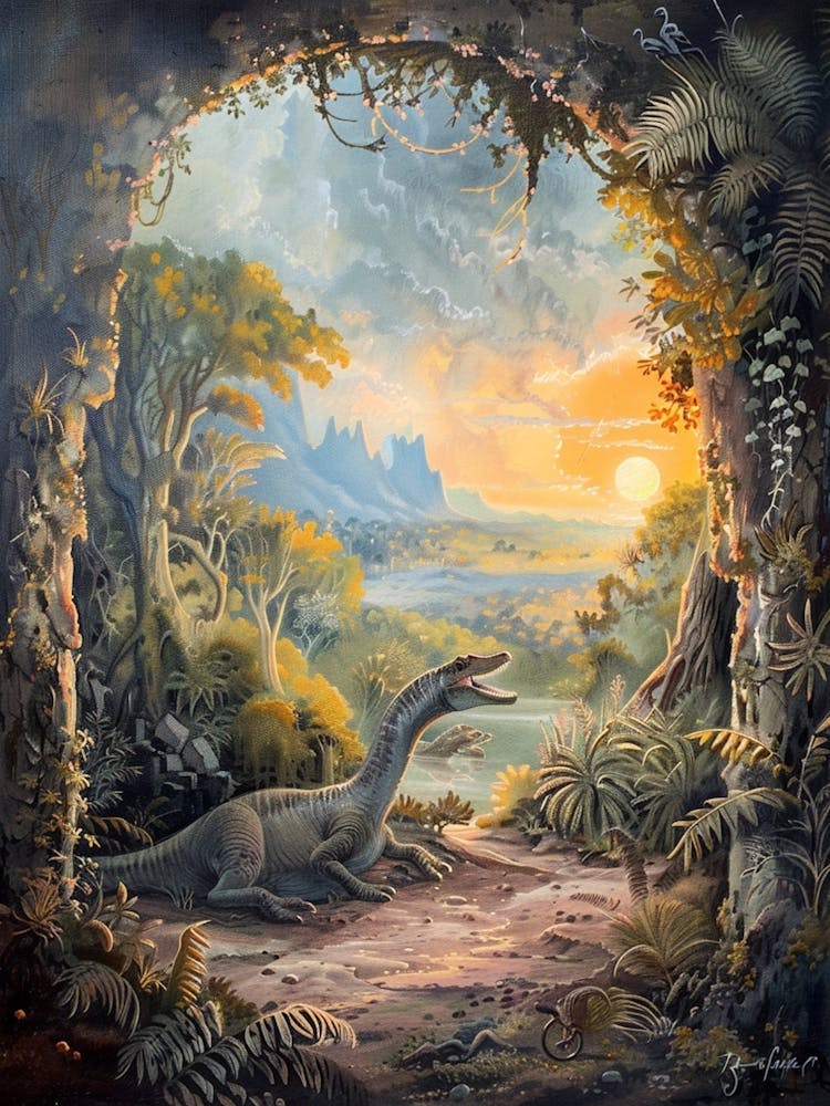 Dinosaure Dans une Grotte au Lever du Soleil - Peinture