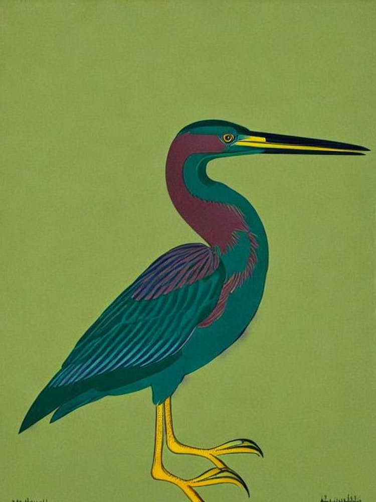 Green Heron Midcentury Illustration Bird