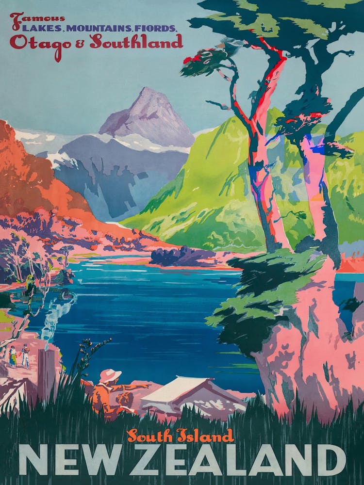 New Zealand, South Island, Vintage Travel Poster