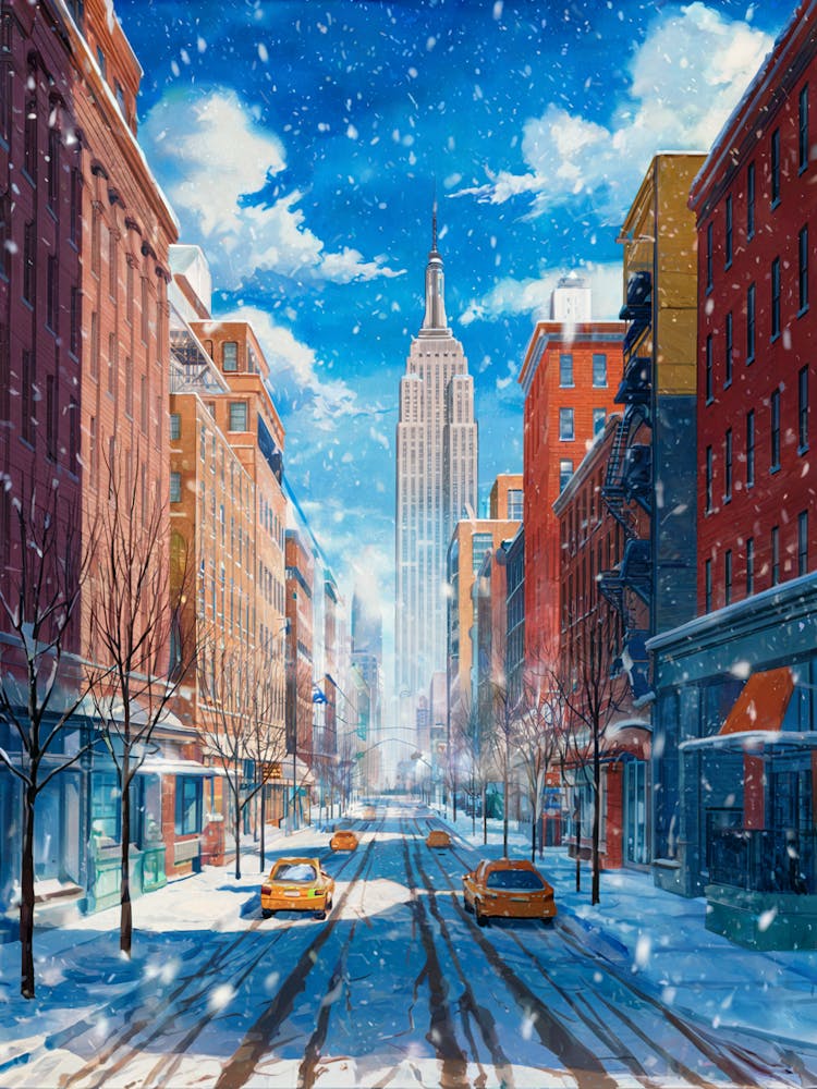 Anime Canvas Art: Snowy New York Cityscape with Empire State Building and Falling Snow, Perfect for Lofi Urban Winter Aesthetic Lovers.