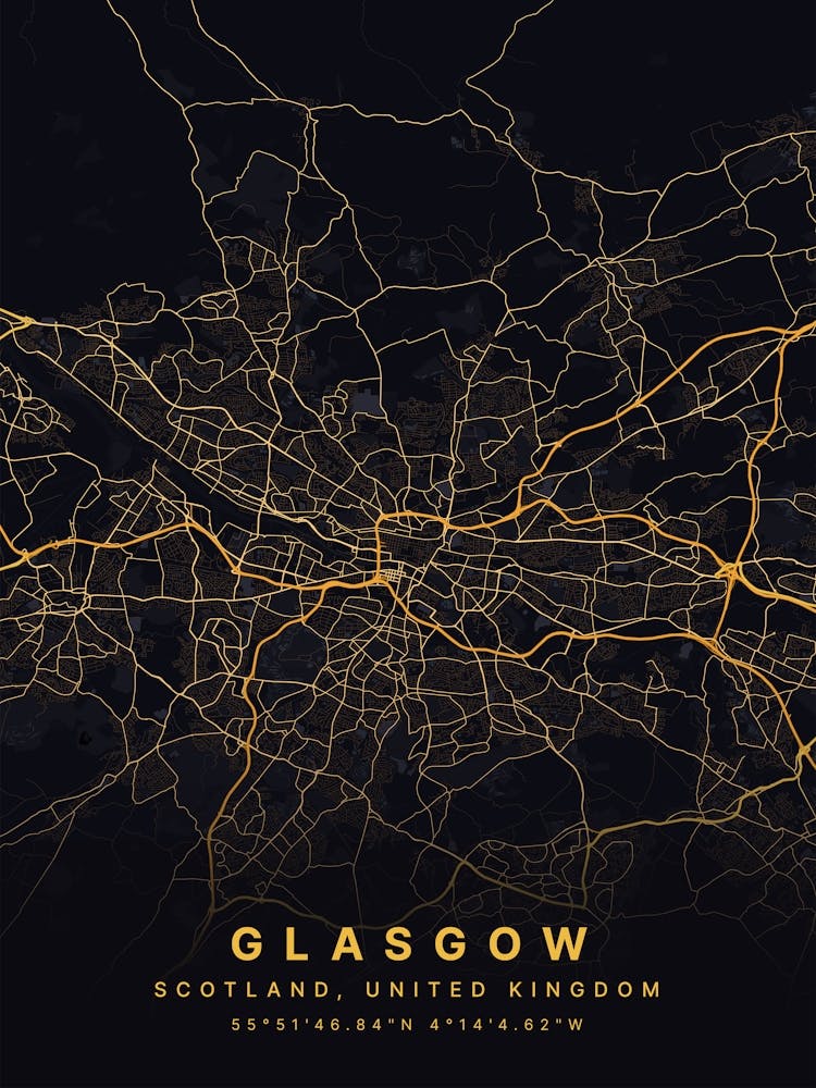 Glasgow Scotland Black And Gold Map