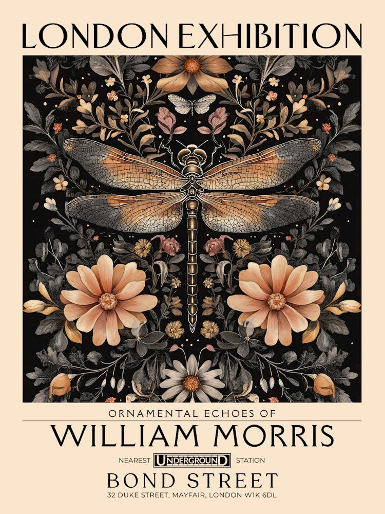 William Morris Dragonfly and floral artwork in Warm earth tones, insect and flower pattern dark academia library Botanical vintage print, living room vintage decor Floral tapestry Victorian nature art 4
