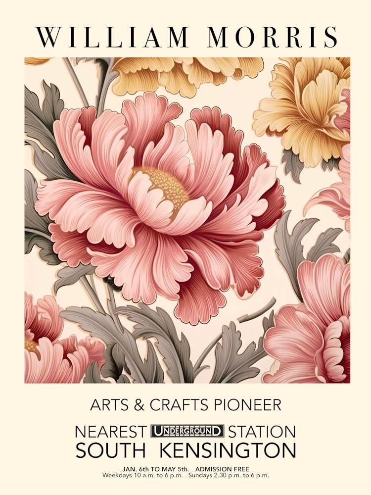 William Morris Print Exhibition Poster Pink Flowers