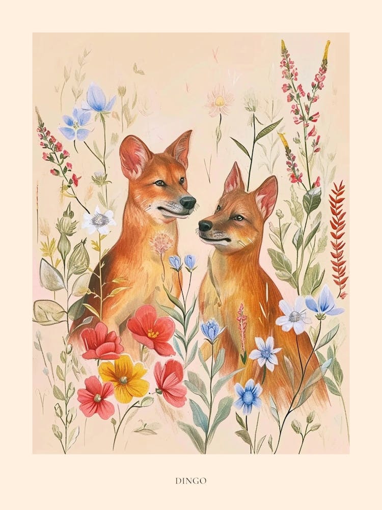 Folksy Floral Animal Drawing Dingo Poster