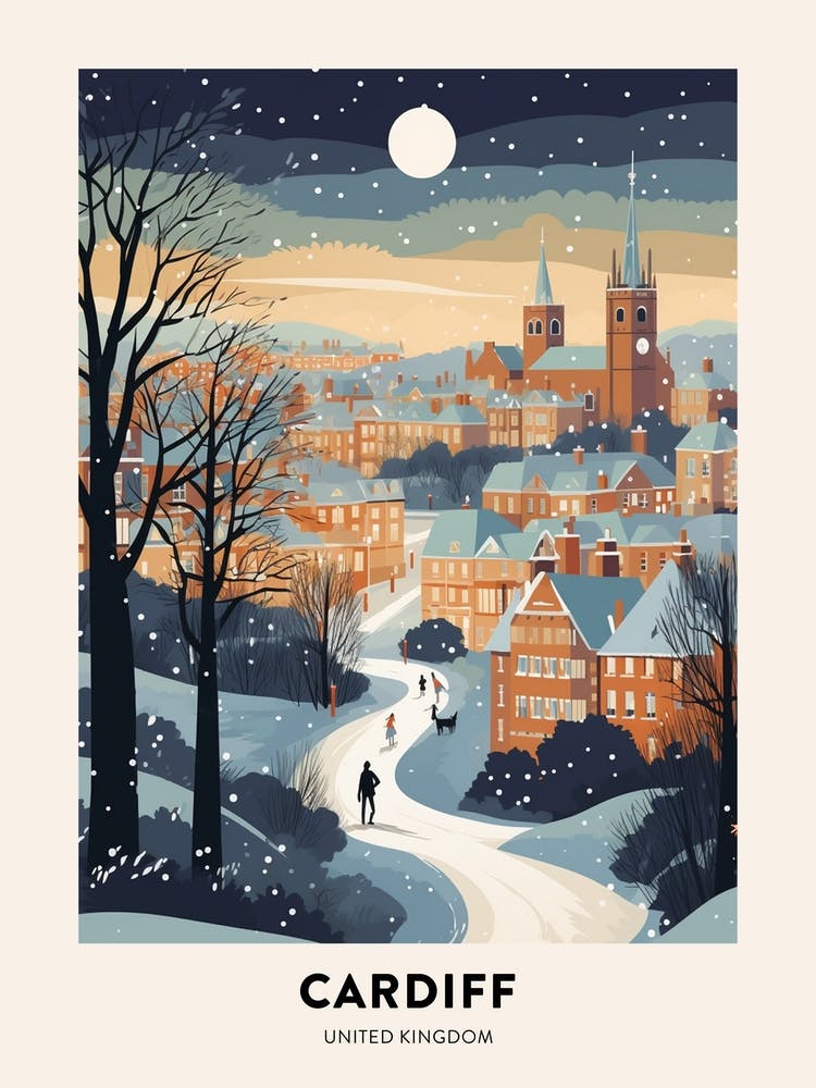 Winter Night  Travel Poster Cardiff United Kingdom 2