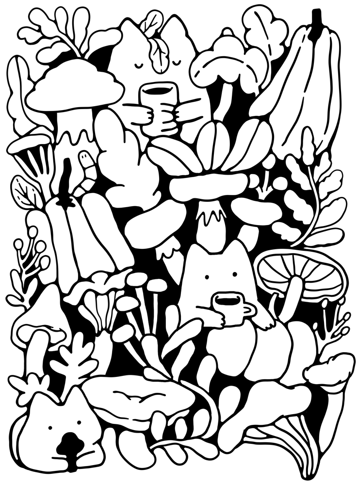 Autumn mushroom doodle kitty Cats