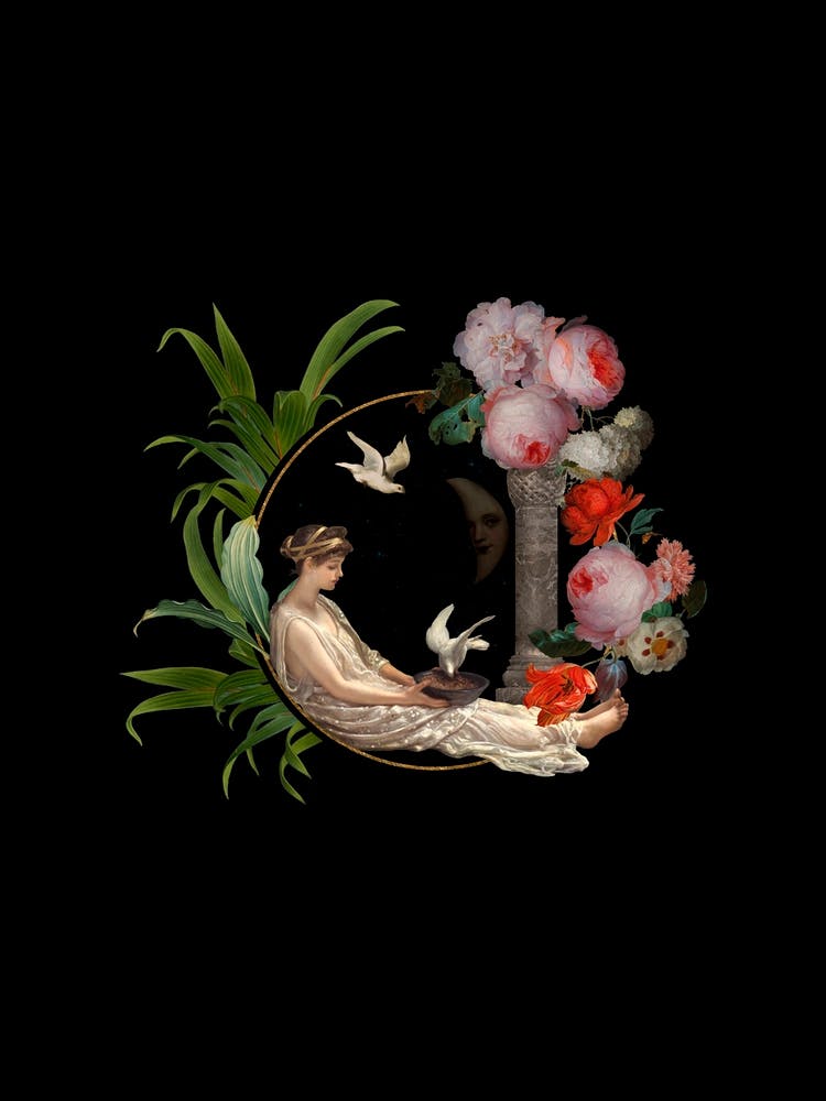 Antique Venus Sitting And Feeding Doves With Flowers