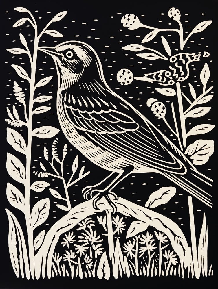 B&W Bird Linocut Lark 2