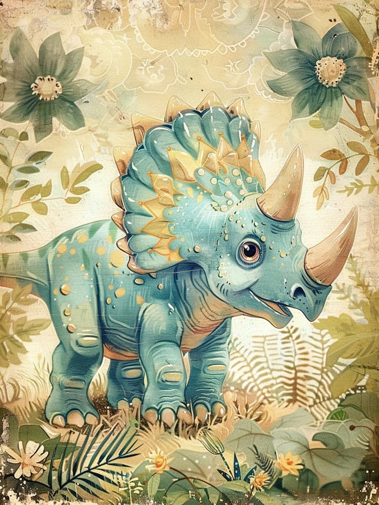 Niedliches Muster Triceratops Auf Der Wiese Aquarellmalerei 1