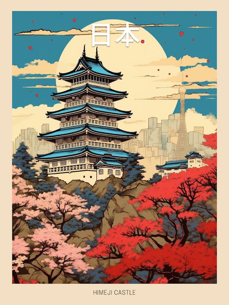 Himeji Castle, Japan Vintage Travel Art 3 Poster