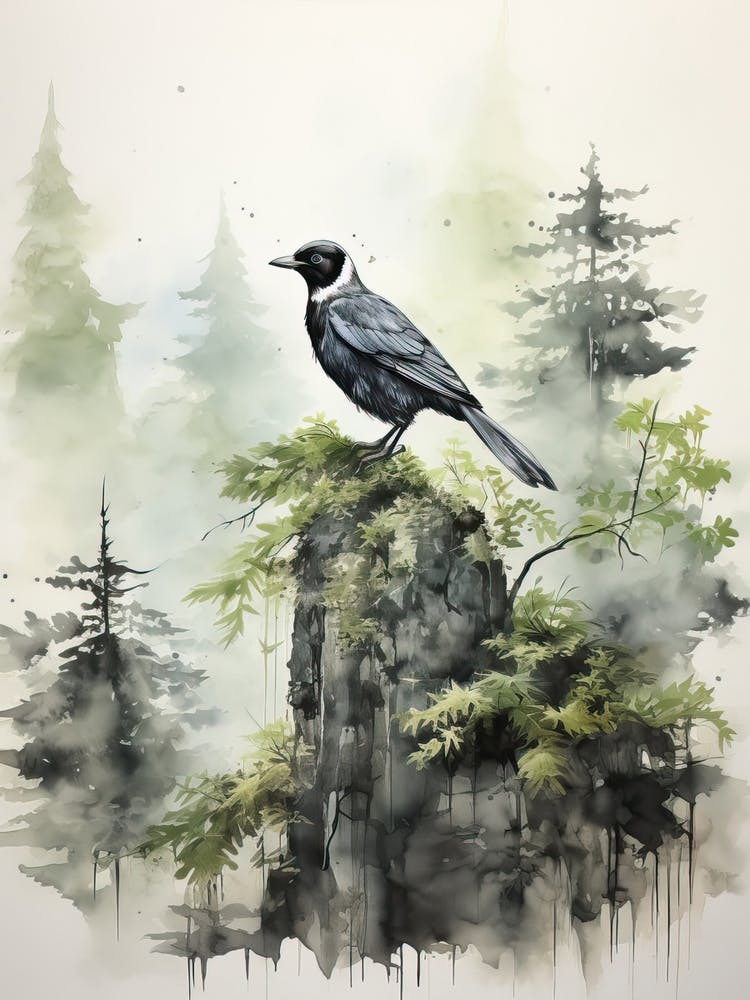 Black Bird, Japanese Brush Painting, Ukiyo E, Minimal 2