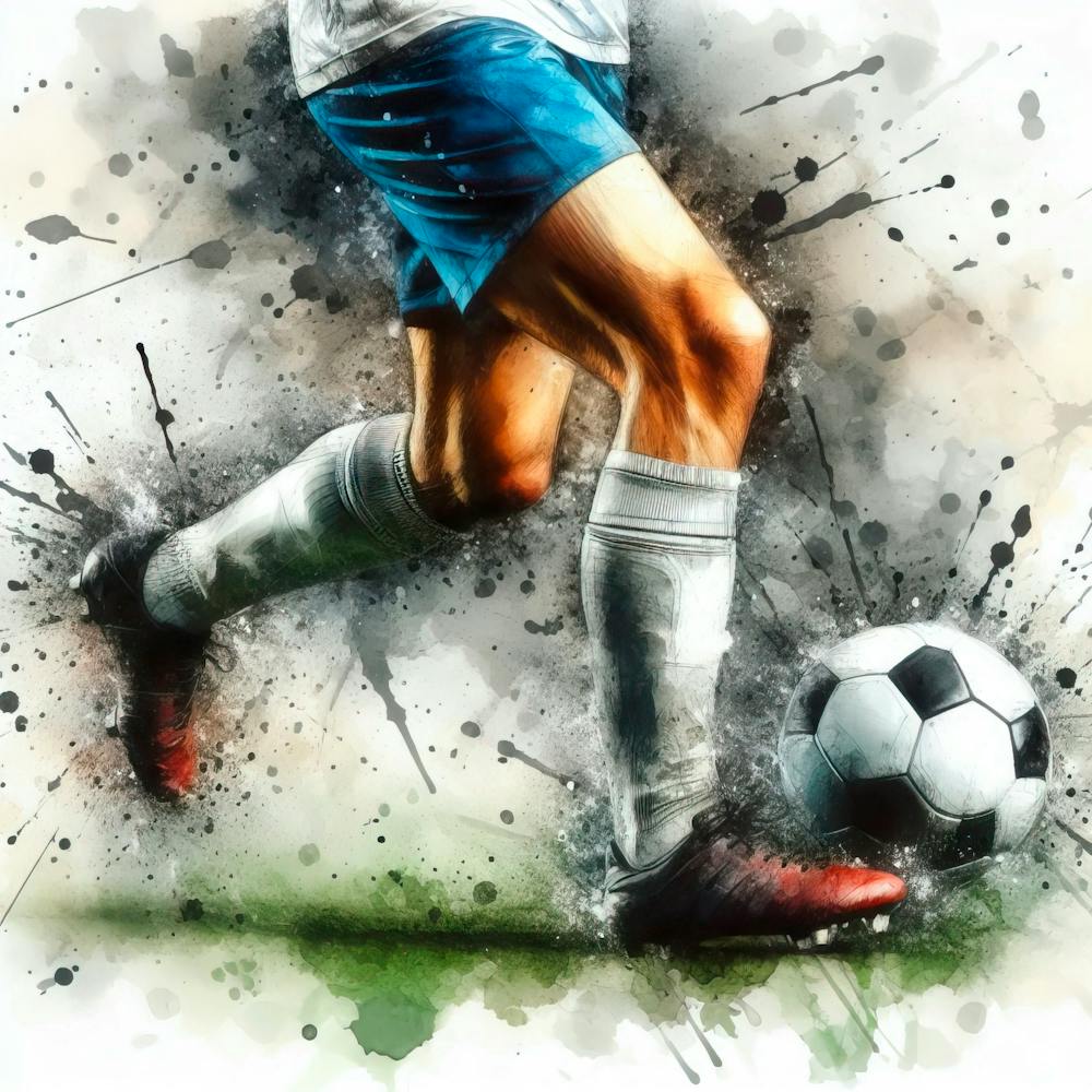 Closeup Of The Legs Of A Soccer Player Carrying The Ball Forward In Watercolor With Spla