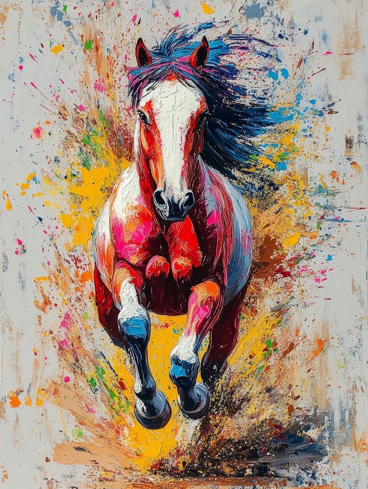 Colorful Abstract Painting Of A Horse In Motion With Vibrant Splashes Of Paint On A Textured