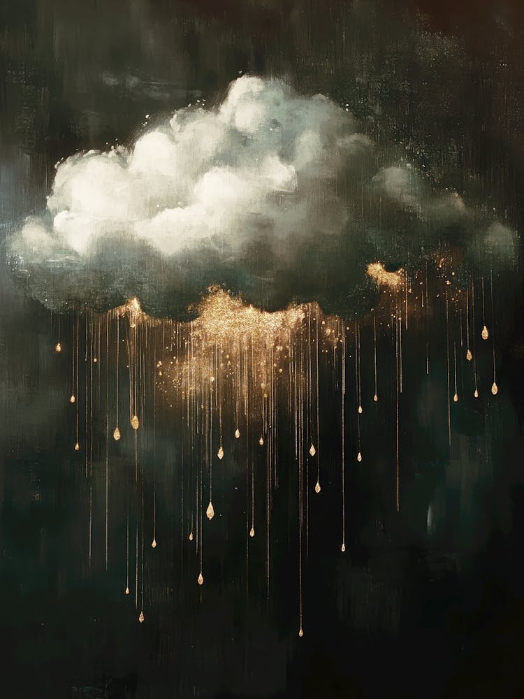 Golden rain from moody cloud painting in black and warm gold tones in a minimalist luxe aesthetic, surreal celestial art in the style of Gustav Klimt ideal for bedrooms, luxe livng rooms, entryways, modern interiors 2