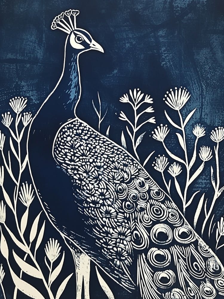 Navy & Cream Linocut Inspired Peacock In The Plants 2