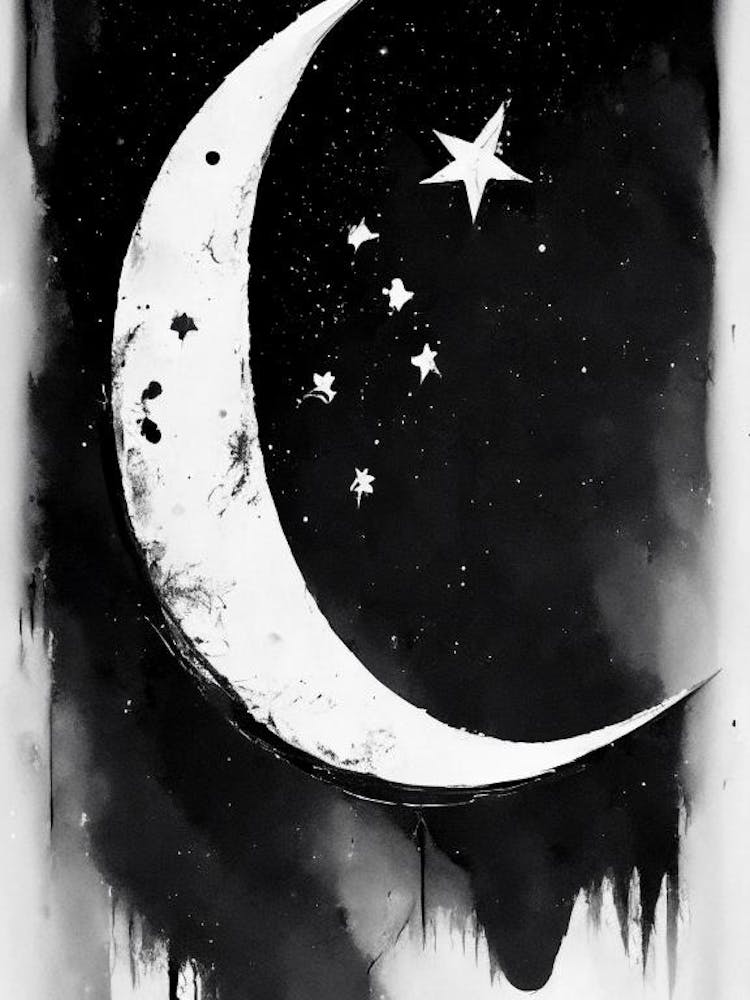 Crescent Moon And 1 Star Symbol Black And White Painting