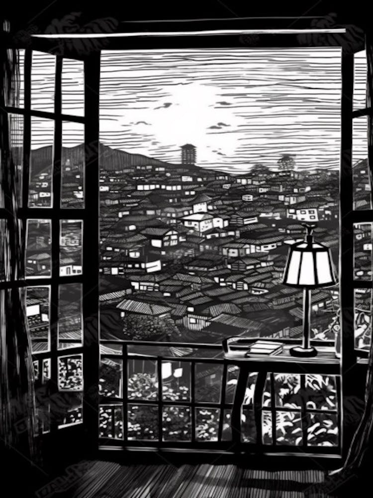 Window View Of Seoul South Korea   Black And White Colouring Pages Line Art 4
