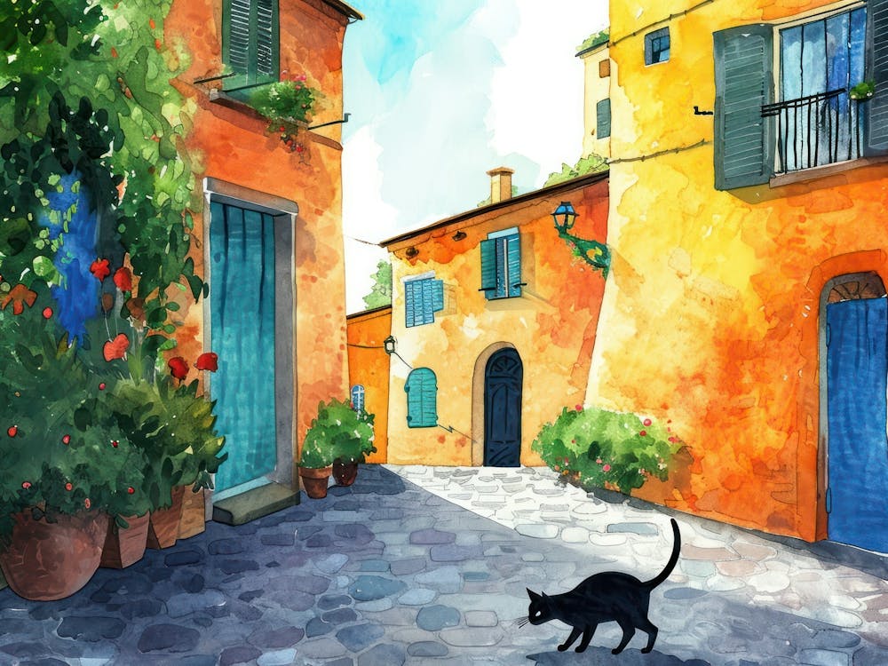 Schwarze Katze in Rom, Italien, Street Art Aquarellmalerei 1