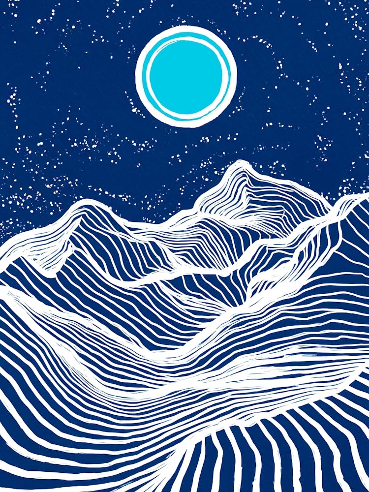 A minimalist pen and ink drawing of a mountainous 2