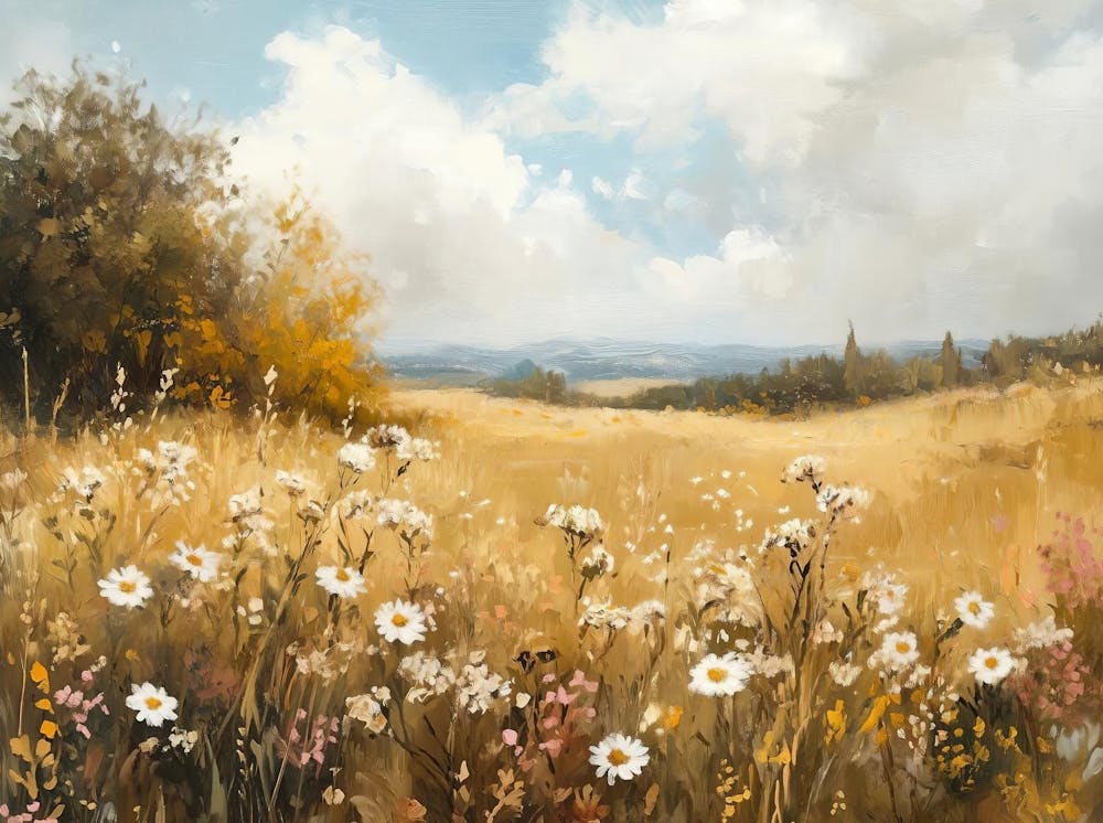 Wildflower Field Landscape Oil Painting, Vintage Autumn Landscape Print, Neutral Country Field Wall Art , Nature