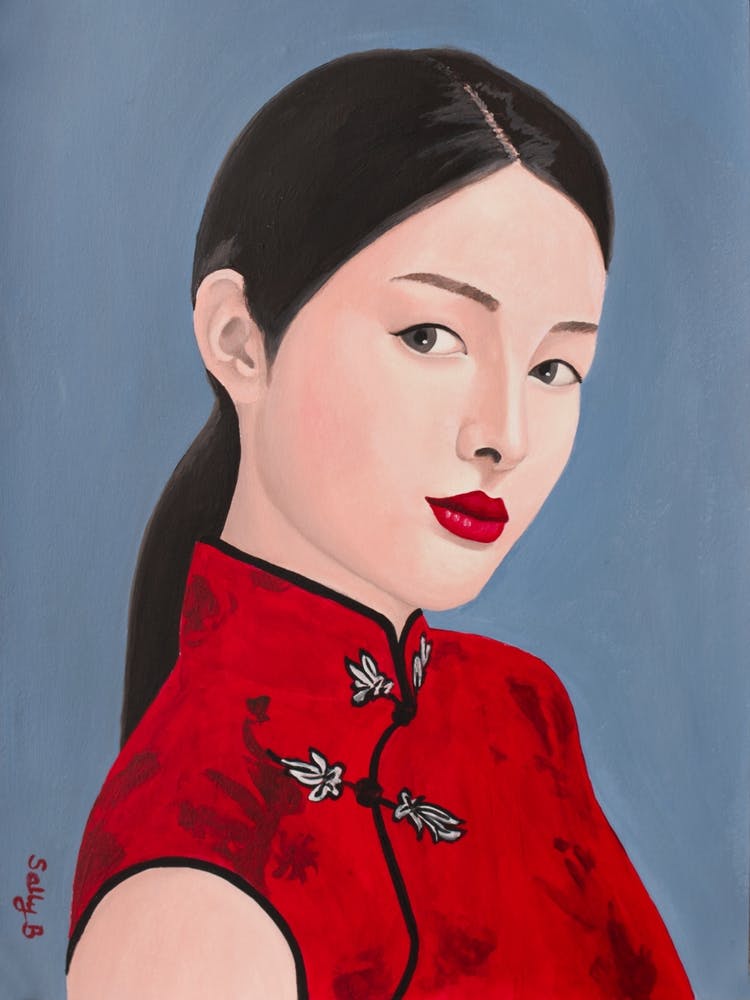 Chinese Lady With Red Cheongsam