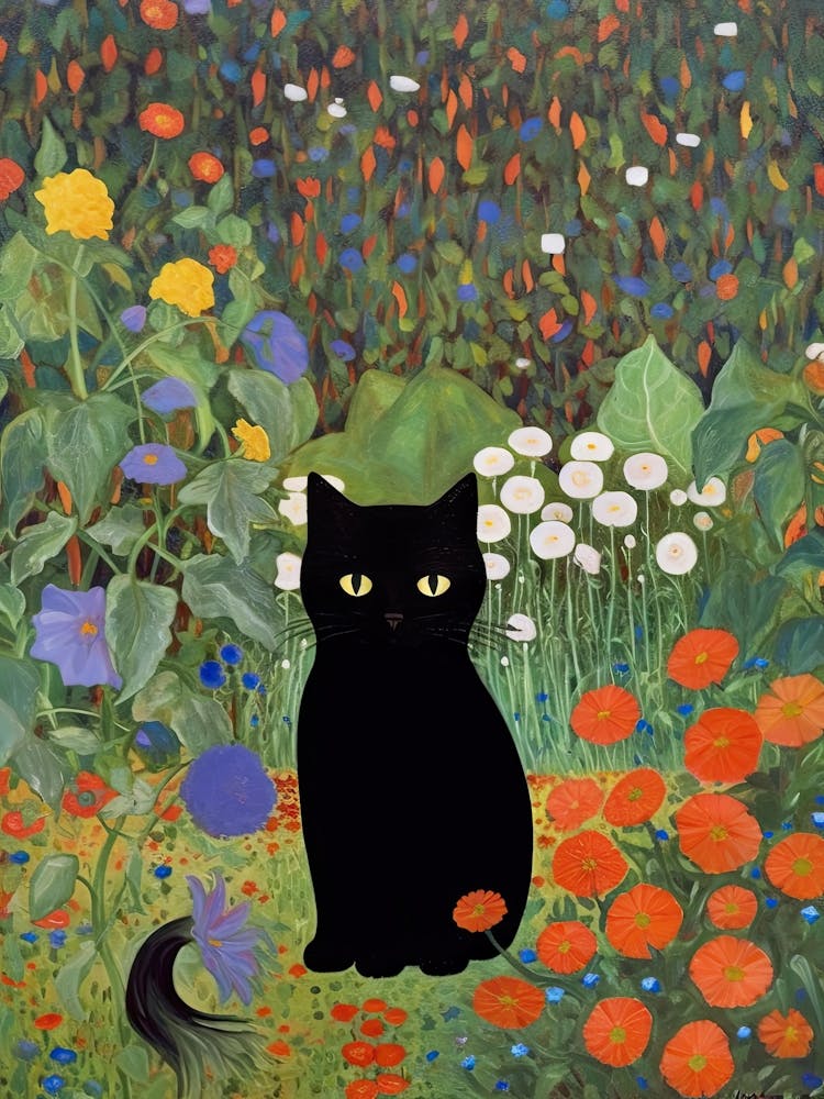 Flower Garden And A Black Cat, Inspired By Klimt 4