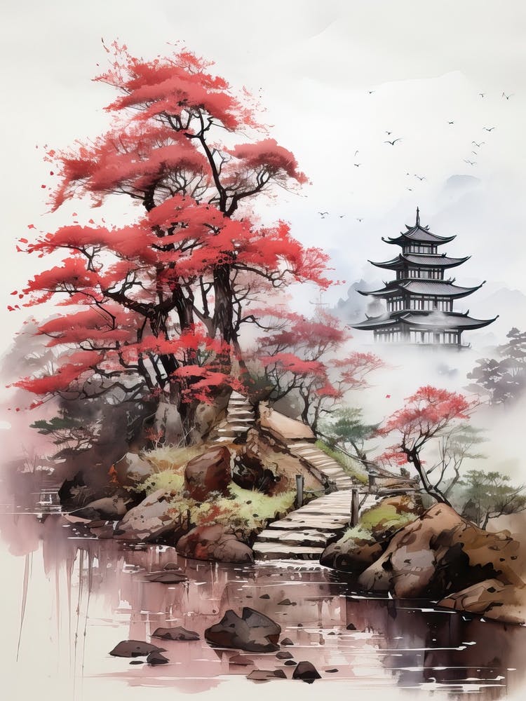 Ise Grand Shrine In Mie, Japanese Brush Painting, Ukiyo E, Minimal 4