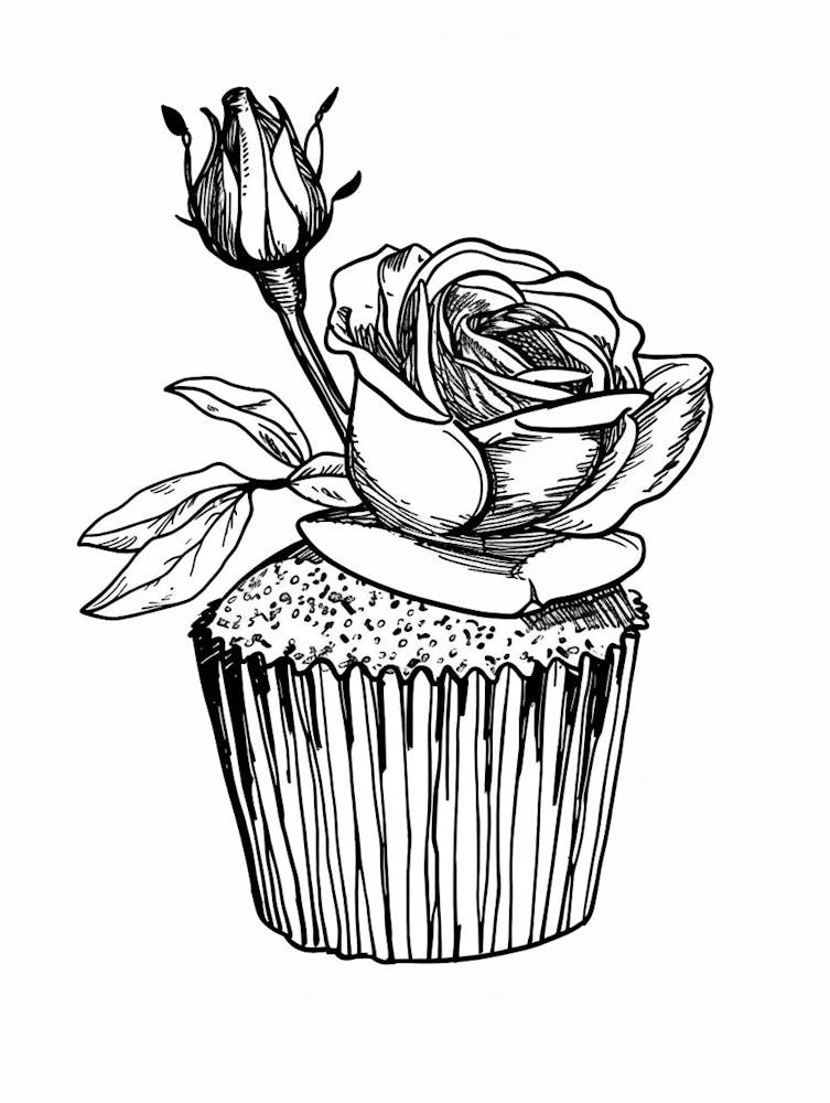 Dessin au Trait de Cupcake à la Rose 2