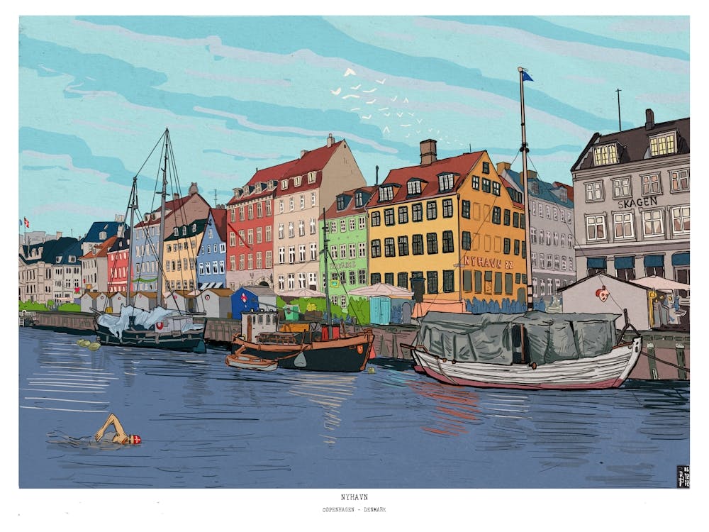 Nyhavn Copenhagen - Danish Cityscape Illustration - Travel Wall Art - Copenhagen Denmark Decor, Scandinavian Gifts