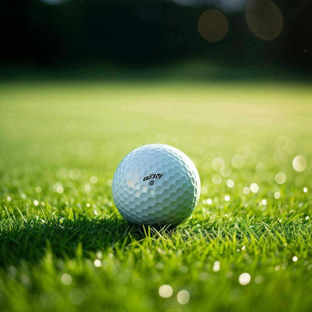 Golfball mittig im Bild auf einem saftig grünen Fairway Morgentau haftet an der strukturierten Oberfläche (2)