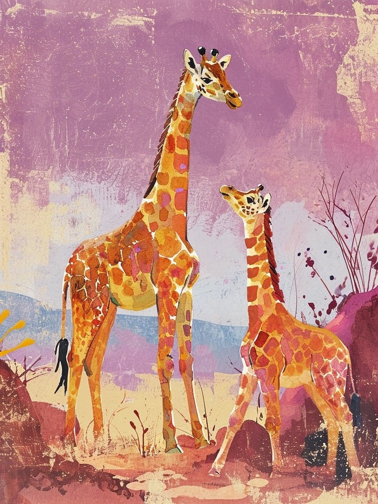 Mother Giraffe & Calf Lilac Portrait
