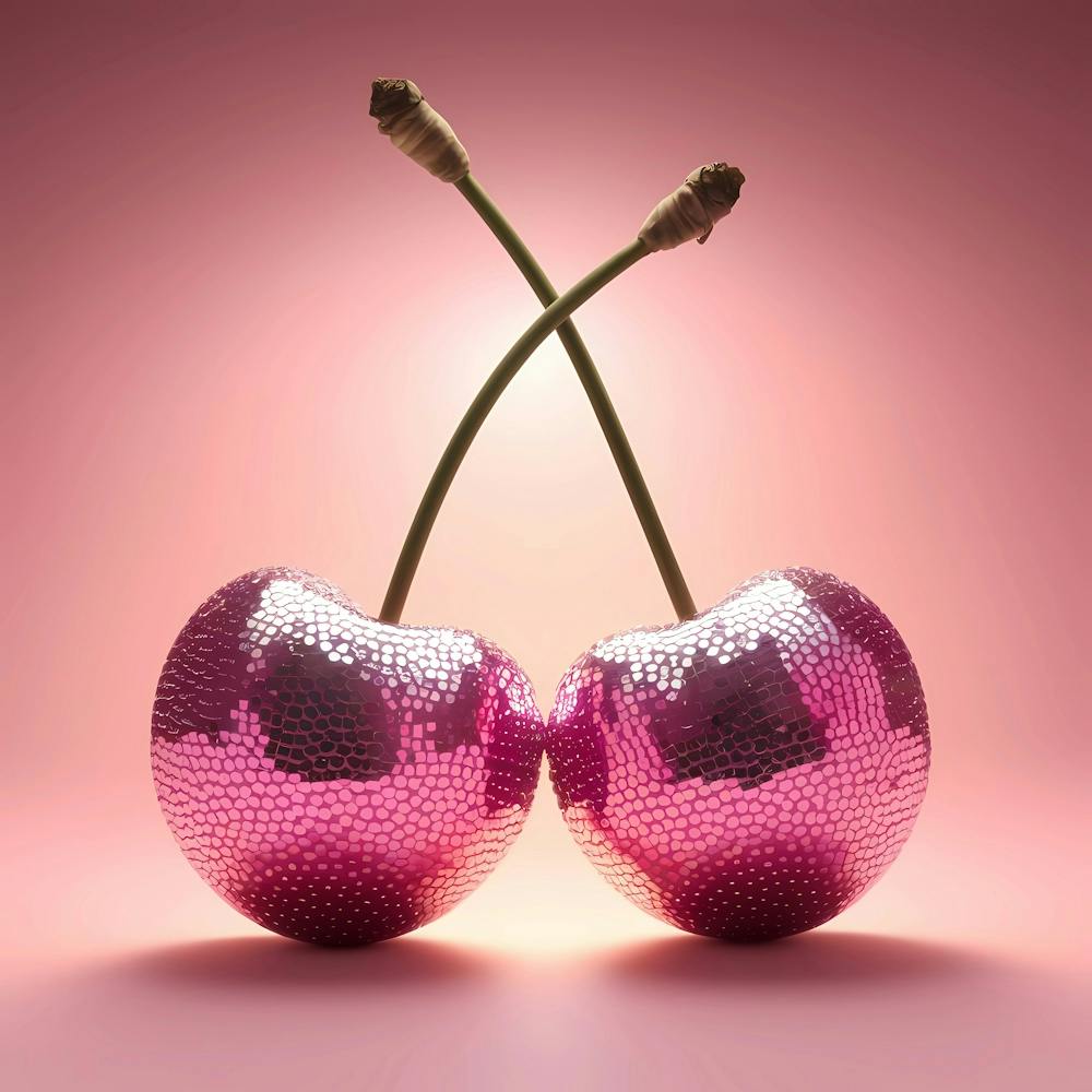 Two Cherries On A Pink Background