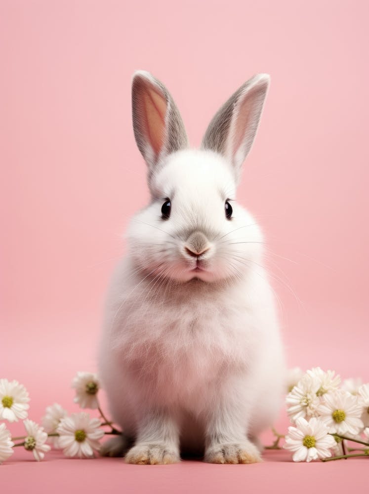 White Rabbit With Daisies On Pink Background